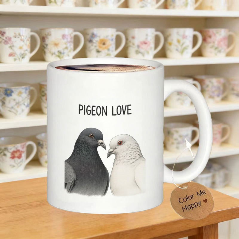 Tailorly White Ceramic 11 oz Mug - Pigeon Love Two Beautiful Pigeons Resting Close Together In A Serene White Space Pigeon