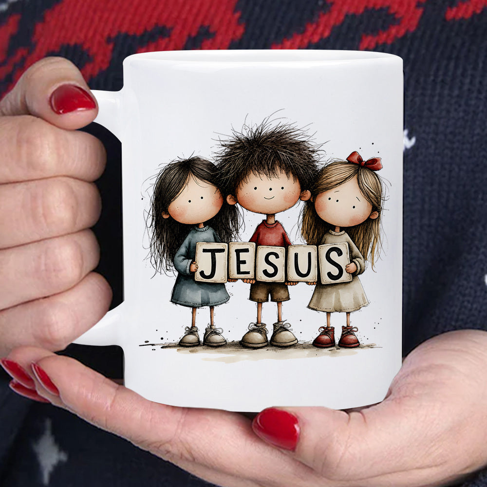 Tailorly White Ceramic 11 oz Mug - Jesus Three Whimsical Hand Drawn Cartoon Characters Holding Letter Blocks Together Children