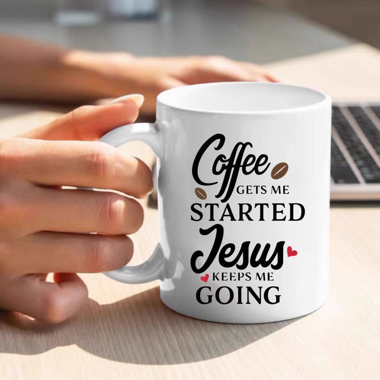 Tailorly White Ceramic 11 oz Mug - Coffee Gets Me Started Jesus Keeps Me Going Minimalist Typography Design With Coffee Beans And Small Hearts Quote