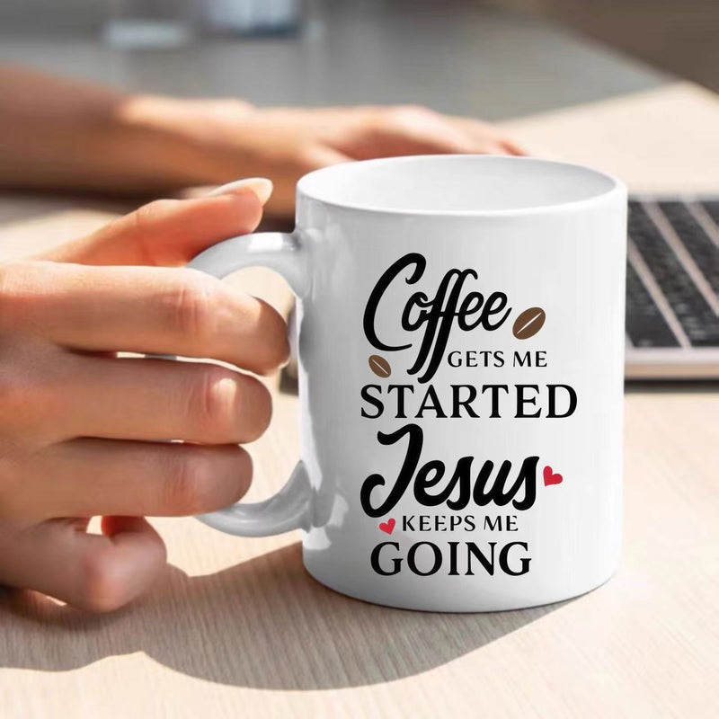 Tailorly White Ceramic 11 oz Mug - Coffee Gets Me Started Jesus Keeps Me Going Minimalist Typography Design With Coffee Beans And Small Hearts Quote