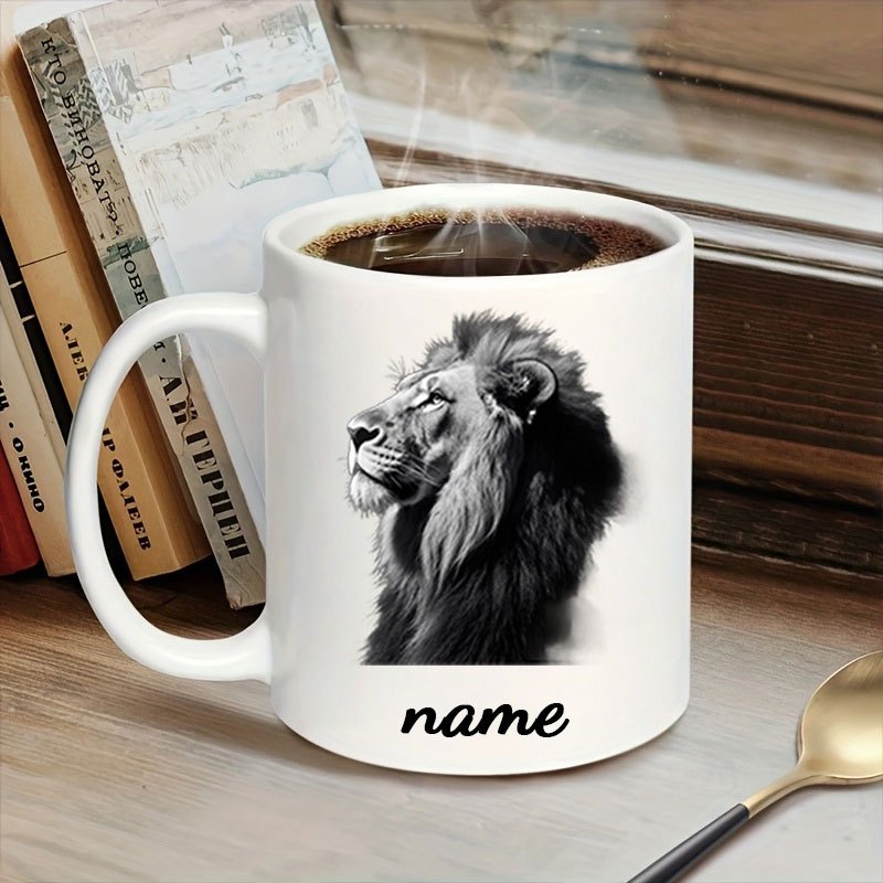 Tailorly White Ceramic 11 oz Mug - Name Majestic Detailed Black And White Profile Of An Artistic Proud Lion