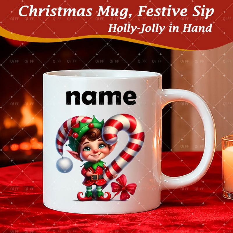 Tailorly White Ceramic 11 oz Mug - Name Adorable Festive Character Standing Beside A Large Striped Heart Candy Elf