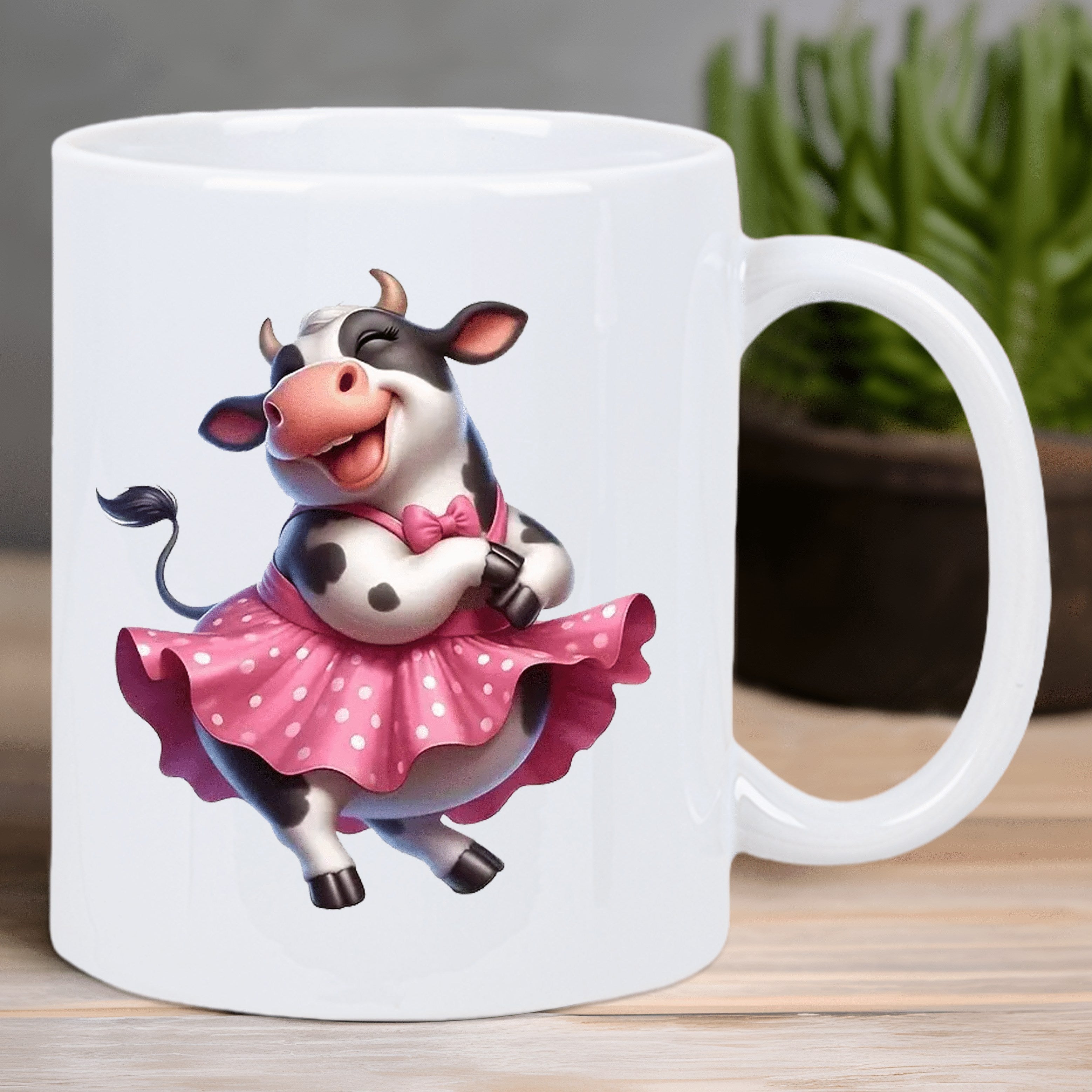 Tailorly White Ceramic 11 oz Mug - Happy Cartoon Dancing Wearing Lovely Pink Polka Dot Tutu Cow