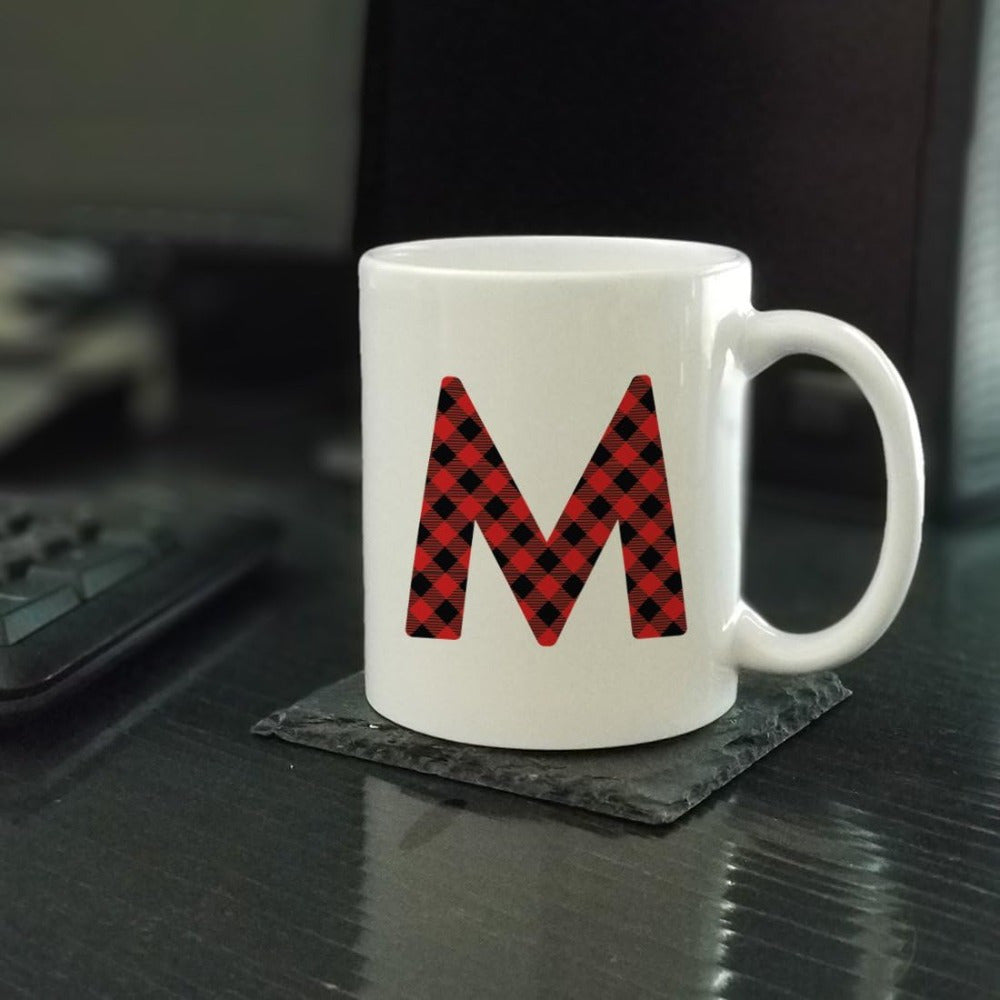 Tailorly White Ceramic 11 oz Mug - M Bold Red And Black Buffalo Plaid Pattern On A Minimalist