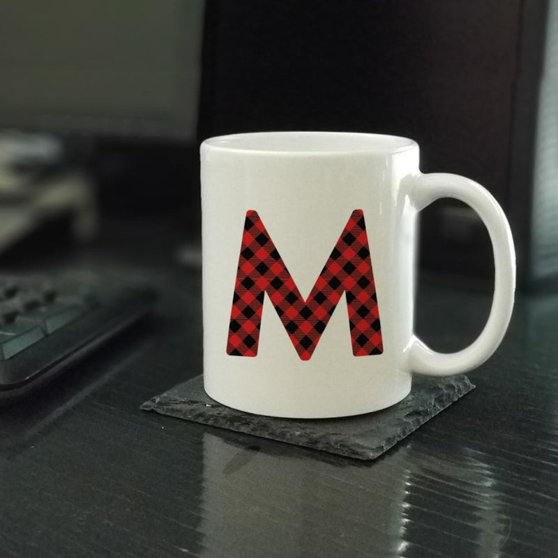 Tailorly White Ceramic 11 oz Mug - M Bold Red And Black Buffalo Plaid Pattern On A Minimalist
