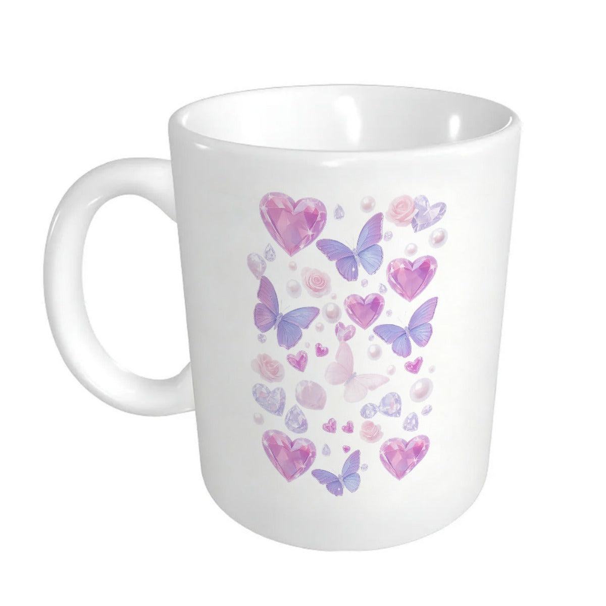 Tailorly White Ceramic 11 oz Mug - Soft Watercolor Purple Butterflies And Pink Hearts Floating In A Delicate Artistic Pattern Butterfly