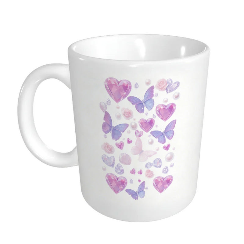 Tailorly White Ceramic 11 oz Mug - Soft Watercolor Purple Butterflies And Pink Hearts Floating In A Delicate Artistic Pattern Butterfly