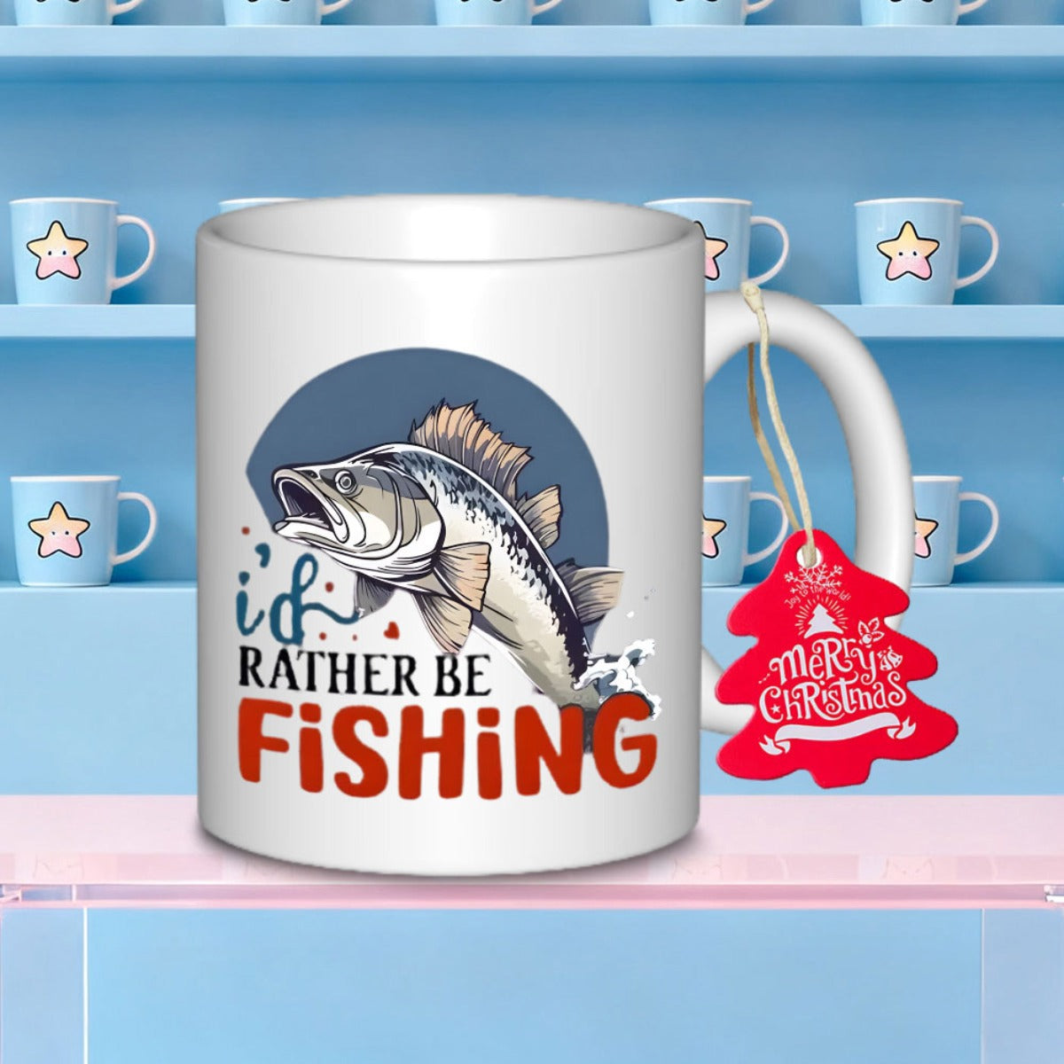 Tailorly White Ceramic 11 oz Mug - Id Rather Be Fishing Detailed Jumping Bass Fish Over Dark Blue Circular Background Bass