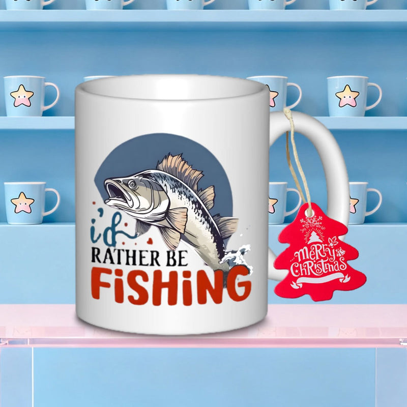Tailorly White Ceramic 11 oz Mug - Id Rather Be Fishing Detailed Jumping Bass Fish Over Dark Blue Circular Background Bass