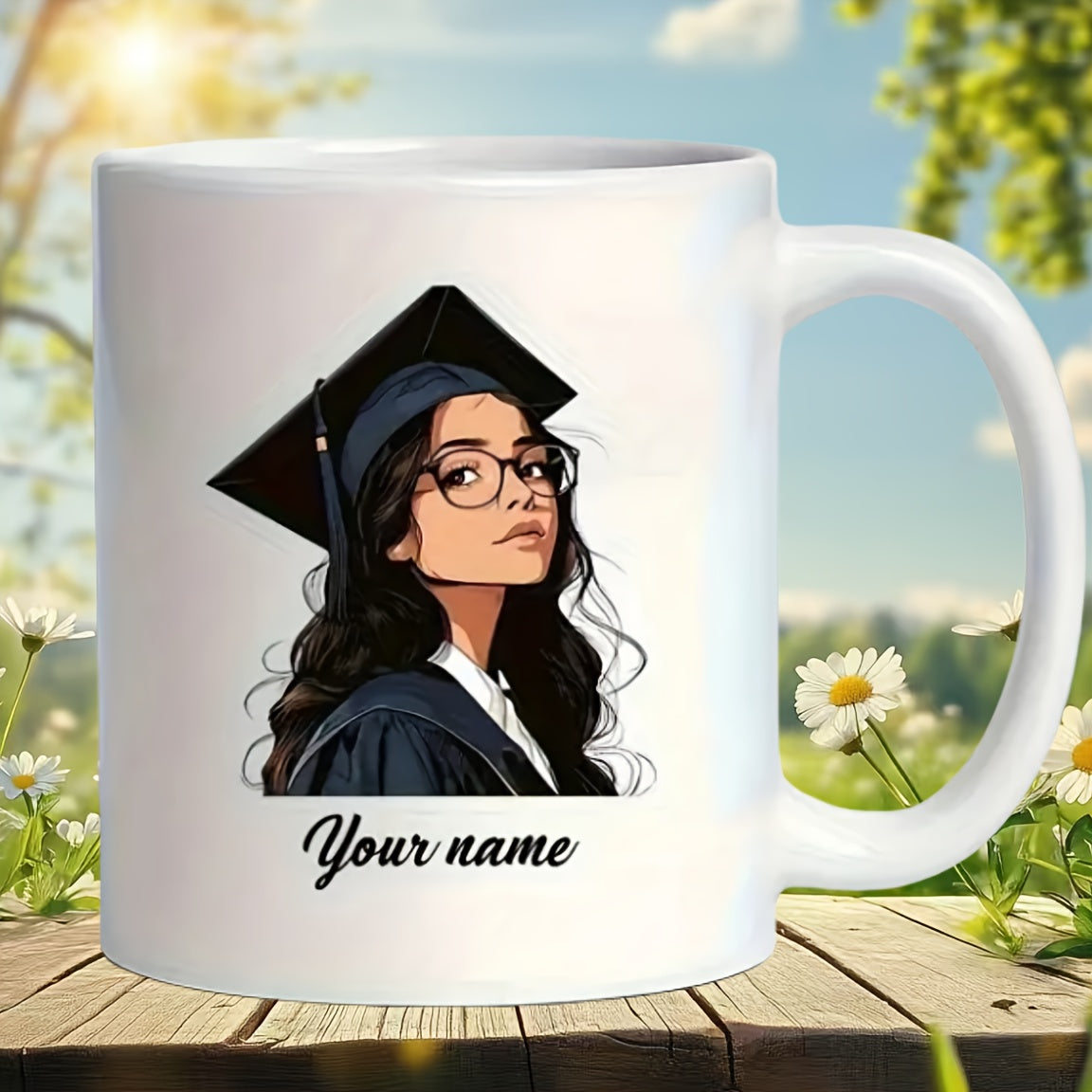 Tailorly White Ceramic 11 oz Mug - Your Name Stylized Cartoon Illustration Of A Young Girl Graduation Cap Gown Graduate