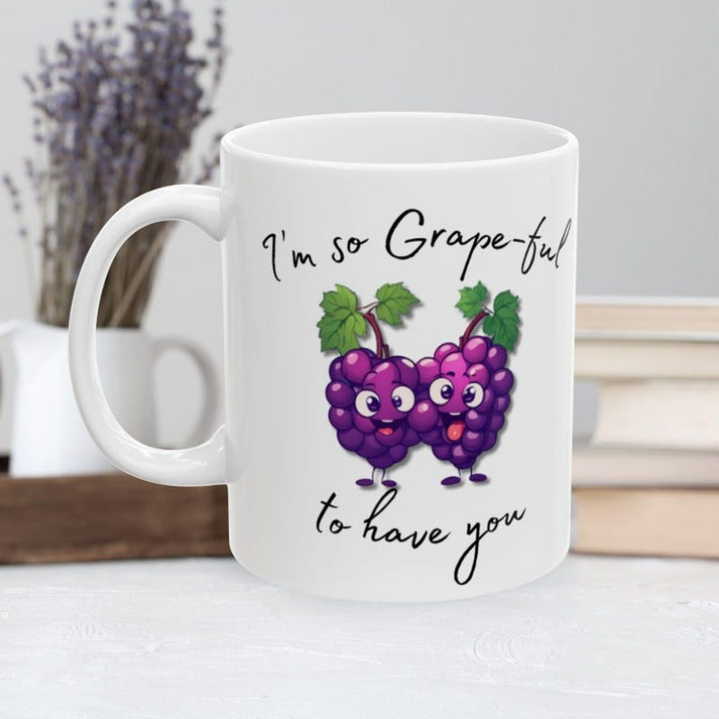 Tailorly White Ceramic 11 oz Mug - Im So Grapeful To Have You Two Smiling Purple Cartoon Fruits With Green Leaves And Little Feet Grapes