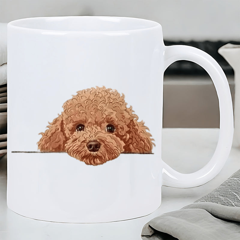 Tailorly White Ceramic 11 oz Mug - Adorable Brown Curly Haired Puppy Peeking Over A Clean Edge Poodle