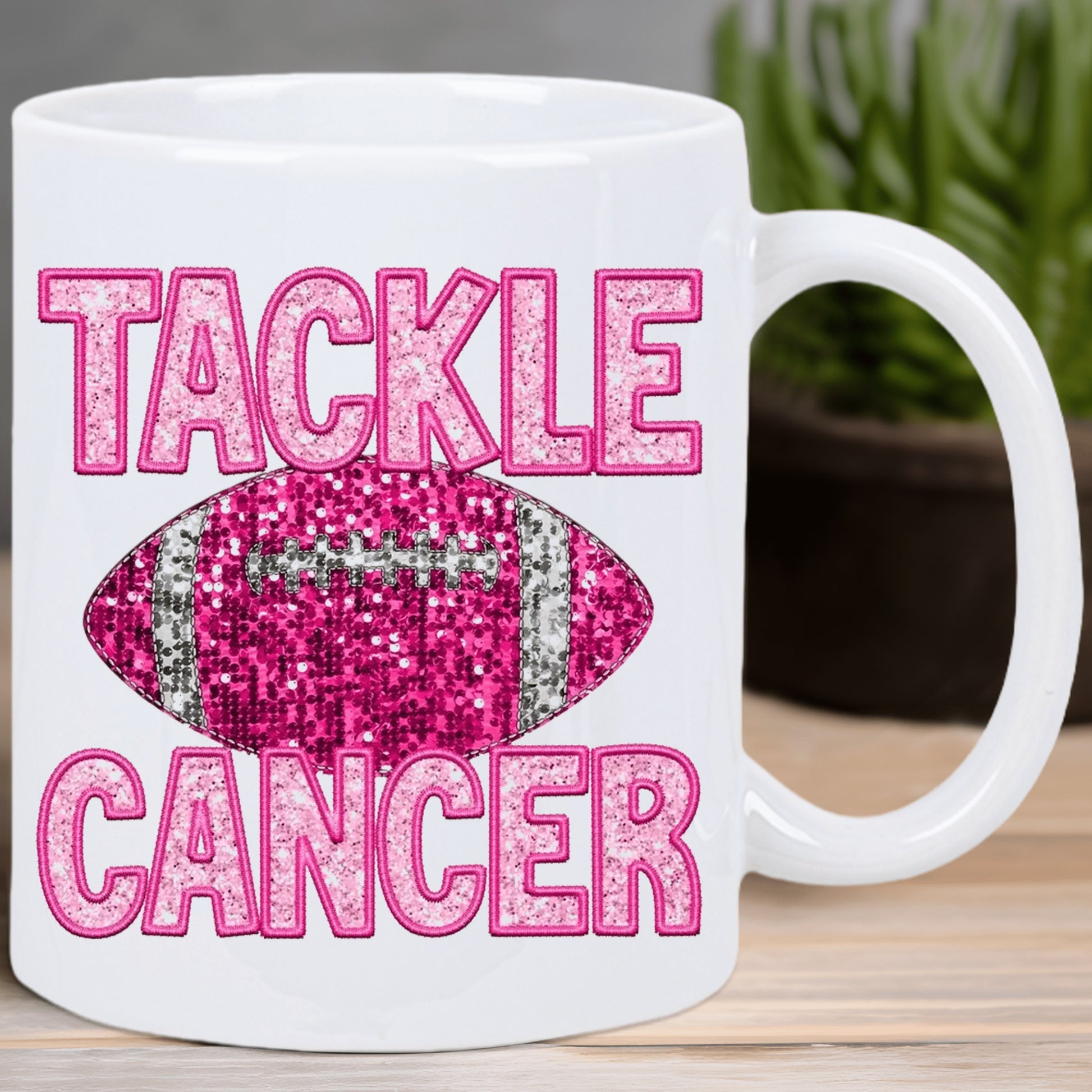 Tailorly White Ceramic 11 oz Mug - Tackle Cancer Sparkling Pink Glitter Textured Sports Theme Awareness Graphic Art Football