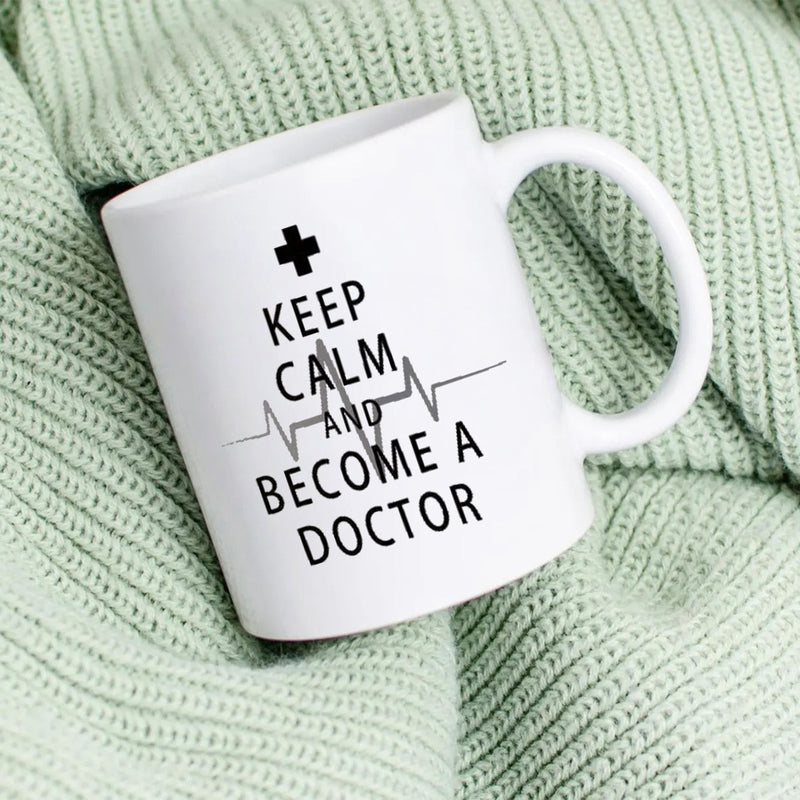 Tailorly White Ceramic 11 oz Mug - Keep Calm And Become A Doctor Minimalist Medical Cross With Pulse Heartbeat Line Mug