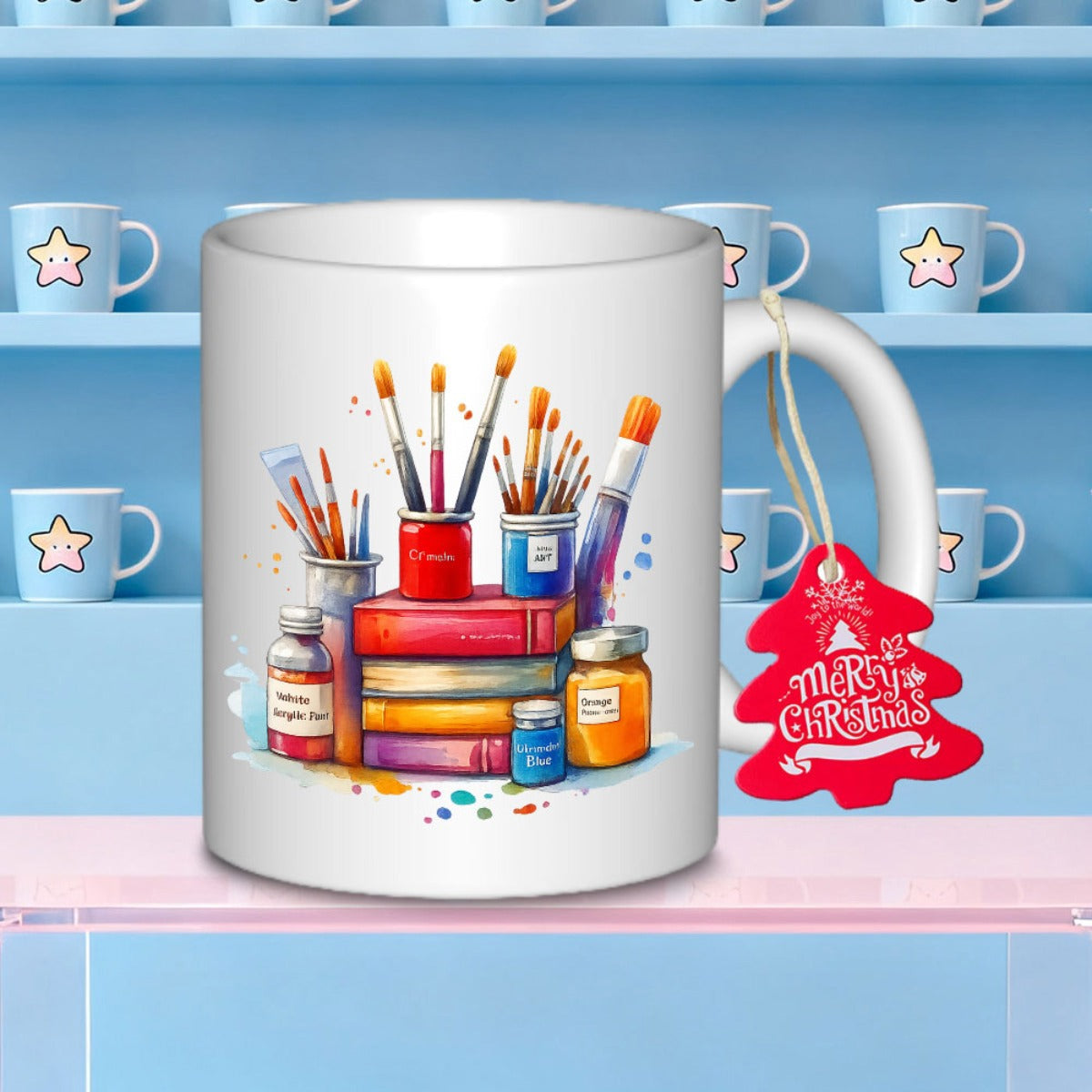 Tailorly White Ceramic 11 oz Mug - Merry Christmas Colorful Watercolor Books And Paint Brushes Inside Glass Jars Supplies