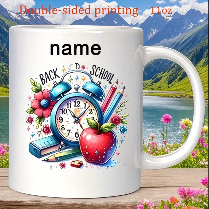 Tailorly White Ceramic 11 oz Mug - Back To School Vibrant Blue Alarm Clock With Red Apple And Pencils Education Supplies Clock