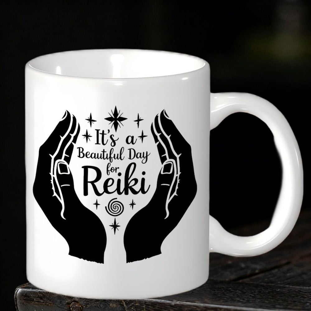 Tailorly White Ceramic 11 oz Mug - Its A Beautiful Day For Reiki Silhouetted Healing Palms Surrounded By Twinkling Magic Sparkles And Hands