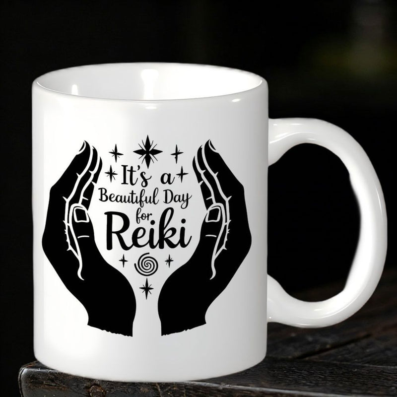 Tailorly White Ceramic 11 oz Mug - Its A Beautiful Day For Reiki Silhouetted Healing Palms Surrounded By Twinkling Magic Sparkles And Hands