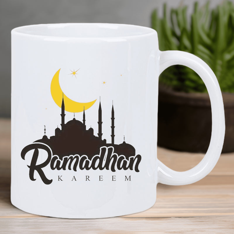 Tailorly White Ceramic 11 oz Mug - Ramadhan Kareem Silhouette Of Ancient Architecture Beneath A Bright Yellow Crescent Mosque