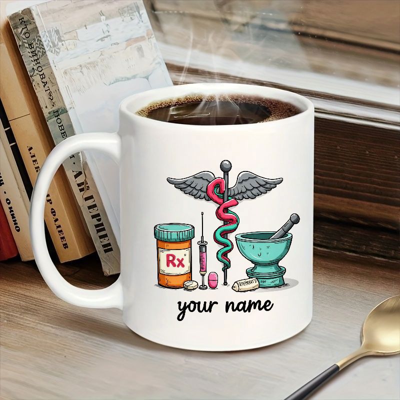 Tailorly White Ceramic 11 oz Mug - Rx Your Name Classic Medical Symbols With A Prescription Bottle And Professional Healthcare Caduceus