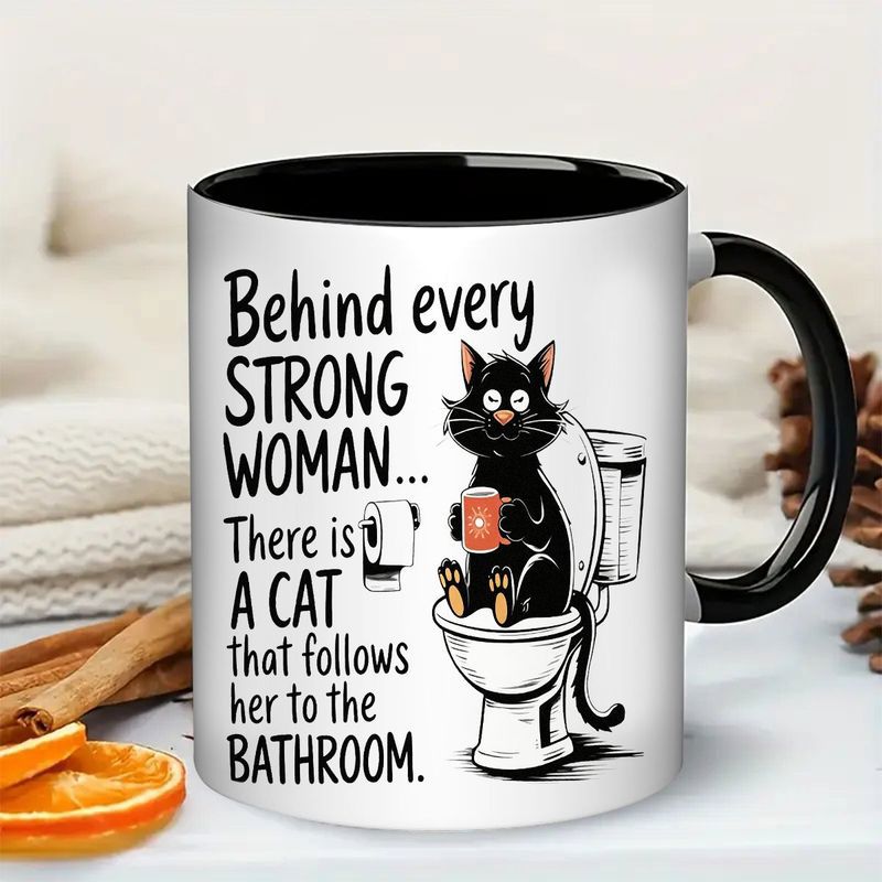 Tailorly Black Accent 11 oz Mug - woman cat coffee cup humorous novelty ceramic mug with black handle inside