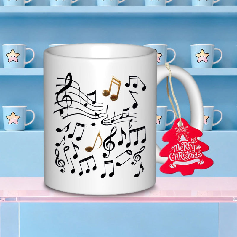 Tailorly White Ceramic 11 oz Mug - Merry Christmas Rhythmic Melody Symbols Flowing Harmoniously In A Decorative Artistic Composition Notes