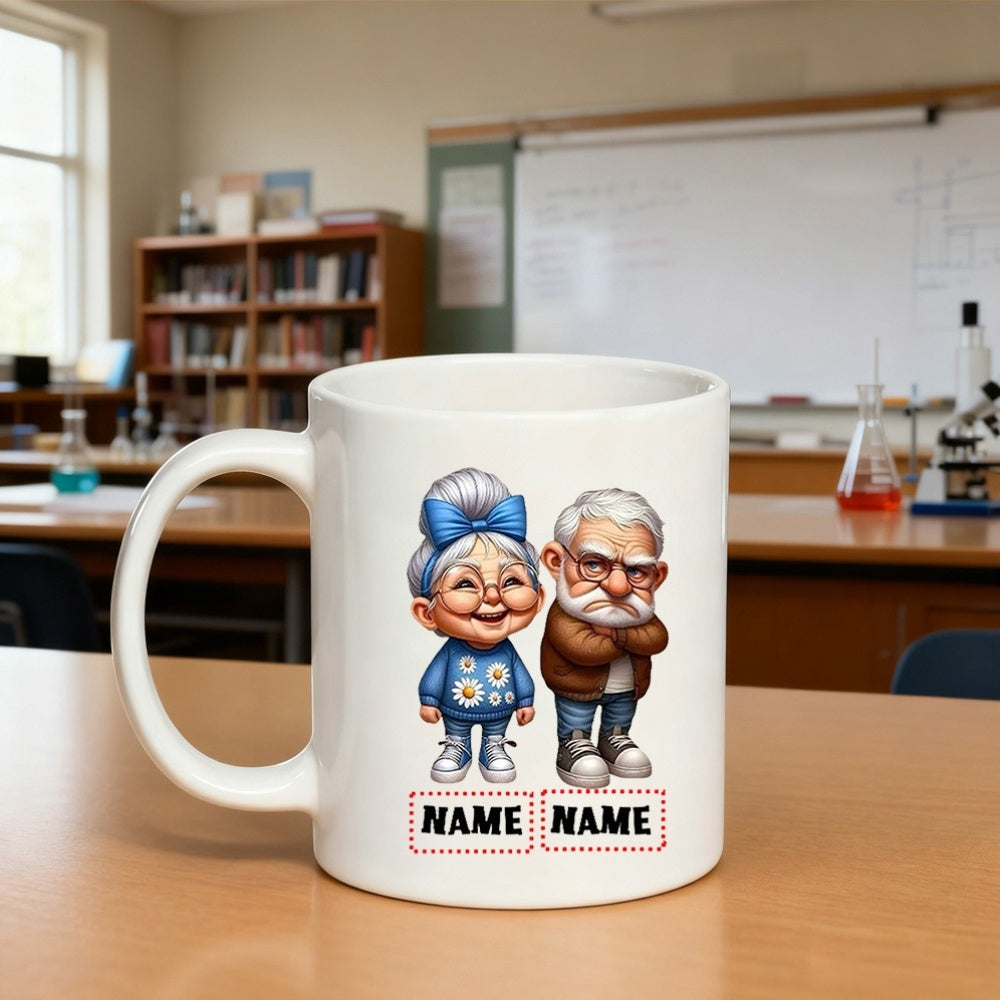 Tailorly White Ceramic 11 oz Mug - Name Name Stylized 3D Cartoon Caricature Of An Elderly Grandparent Couple