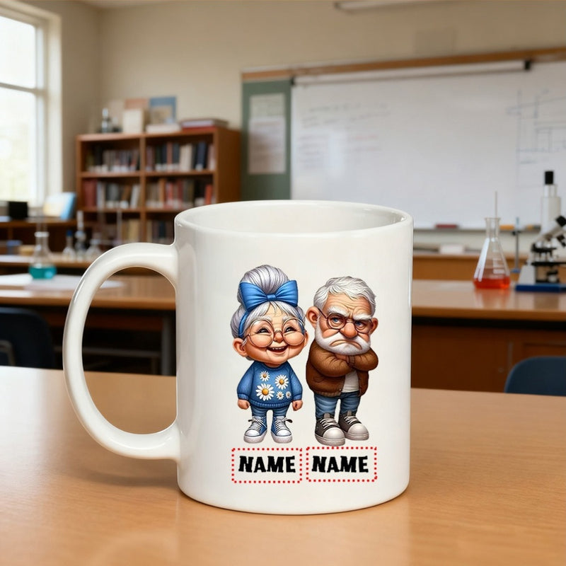 Tailorly White Ceramic 11 oz Mug - Name Name Stylized 3D Cartoon Caricature Of An Elderly Grandparent Couple