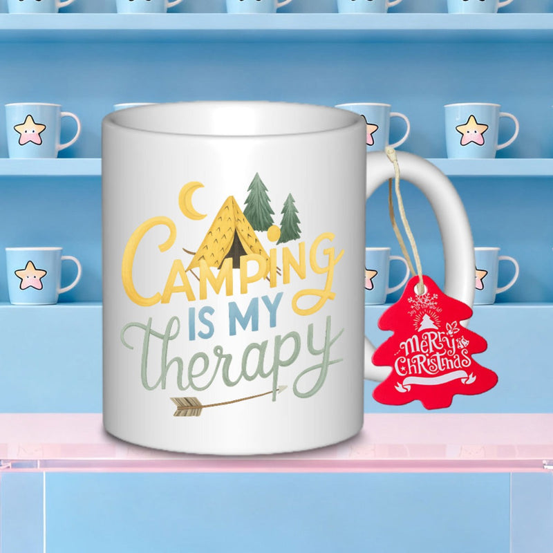 Tailorly White Ceramic 11 oz Mug - Camping Is My Therapy Cozy Yellow Tent Under Crescent Moon Near Evergreen Pine Trees Mug