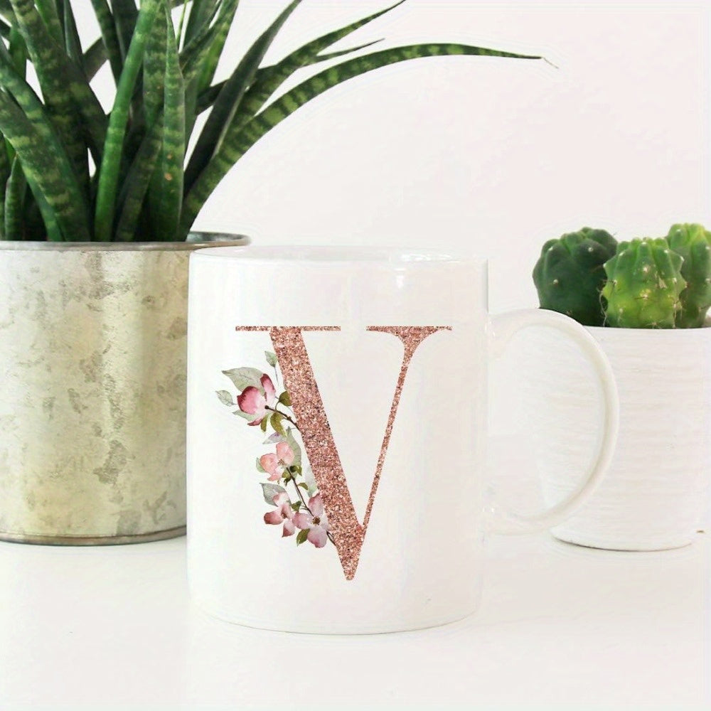 Tailorly White Ceramic 11 oz Mug - V Rose Gold Glitter Texture Decorated With Elegant Pink Blooming Flowers And Leaves Letter