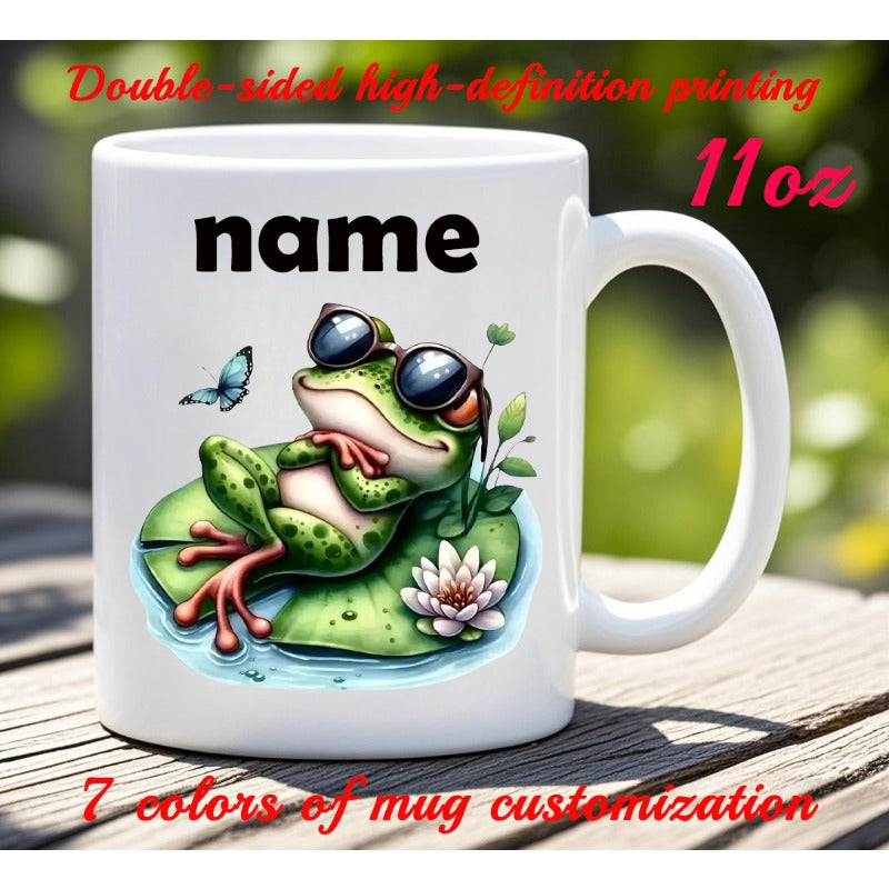 Tailorly White Ceramic 11 oz Mug - Name Cool Frog With Sunglasses Resting On Lily Pad Beside White Flower Frog