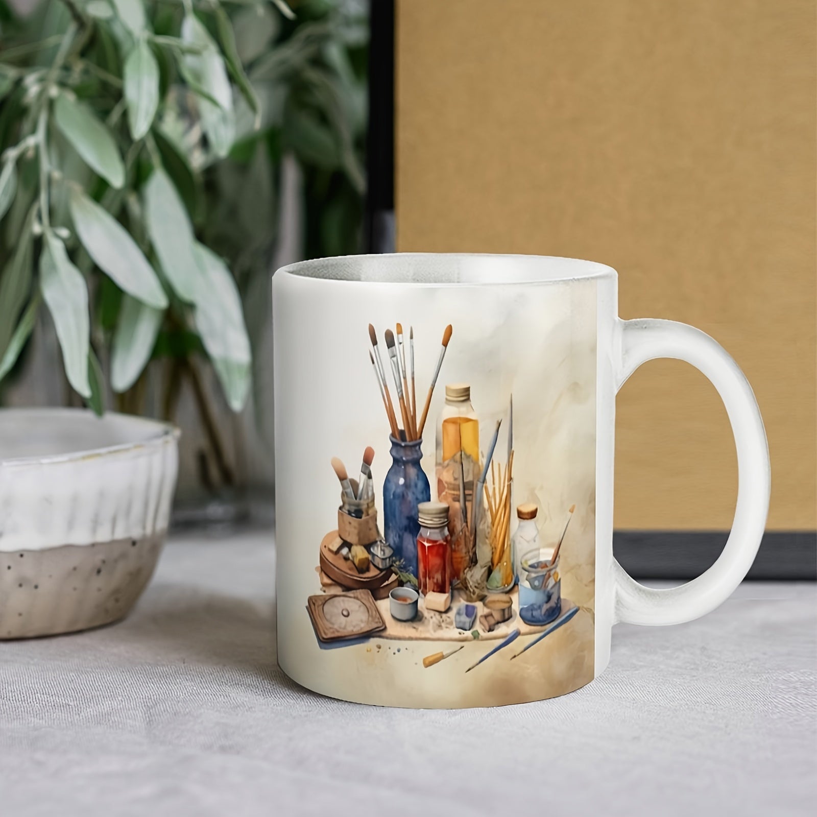 Tailorly White Ceramic 11 oz Mug - Watercolor Illustration Of Brushes Bottles And Palette Within Artistic Studio Art Supplies