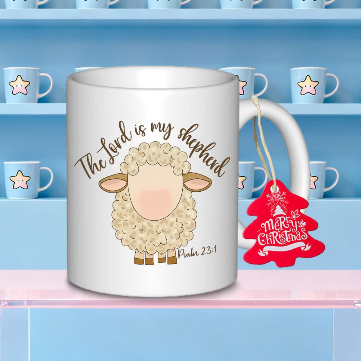 Tailorly White Ceramic 11 oz Mug - Merry Christmas The Lord Is My Shepherd Psalm 23 1 Adorable Fluffy White Cartoon Character With Tiny Feet And Small Ears Sheep