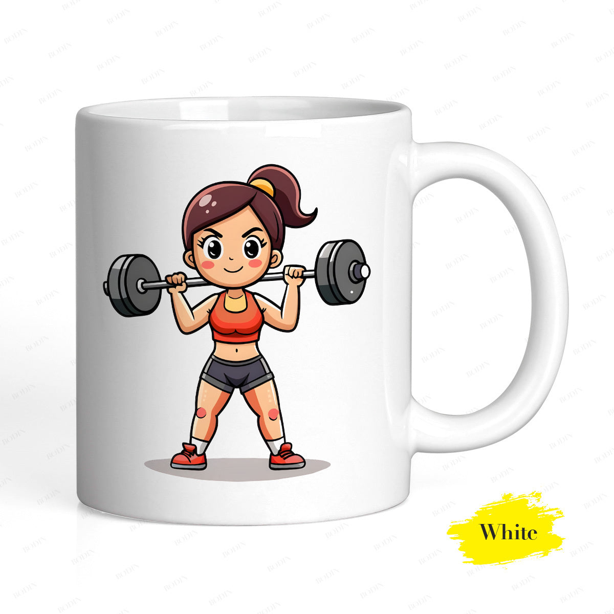 Tailorly White Ceramic 11 oz Mug - Strong Athletic Cartoon Character Lifting Heavy Barbell During Workout Girl