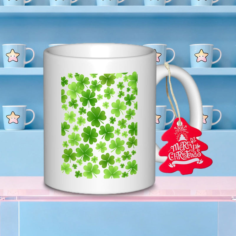 Tailorly White Ceramic 11 oz Mug - Merry Christmas Lush Green Shamrocks Scattered Across A Polished White Ceramic Clover