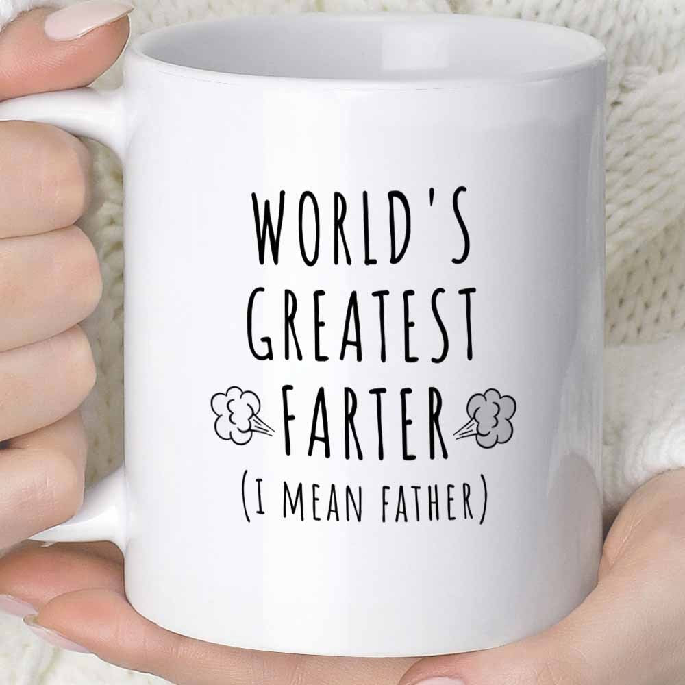 Tailorly White Ceramic 11 oz Mug - Worlds Greatest Farter I Mean Father Minimalist Handwritten Text With Small Fun Scent Cloud Graphic Elements Father