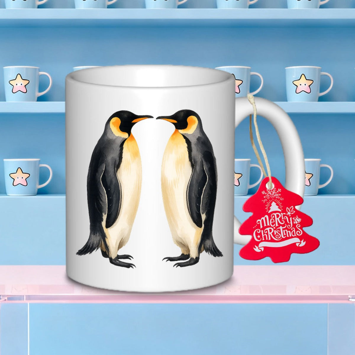 Tailorly White Ceramic 11 oz Mug - Merry Christmas Two Antarctic Emperor Penguins Standing Face To Face With Realistic Feathers Penguin