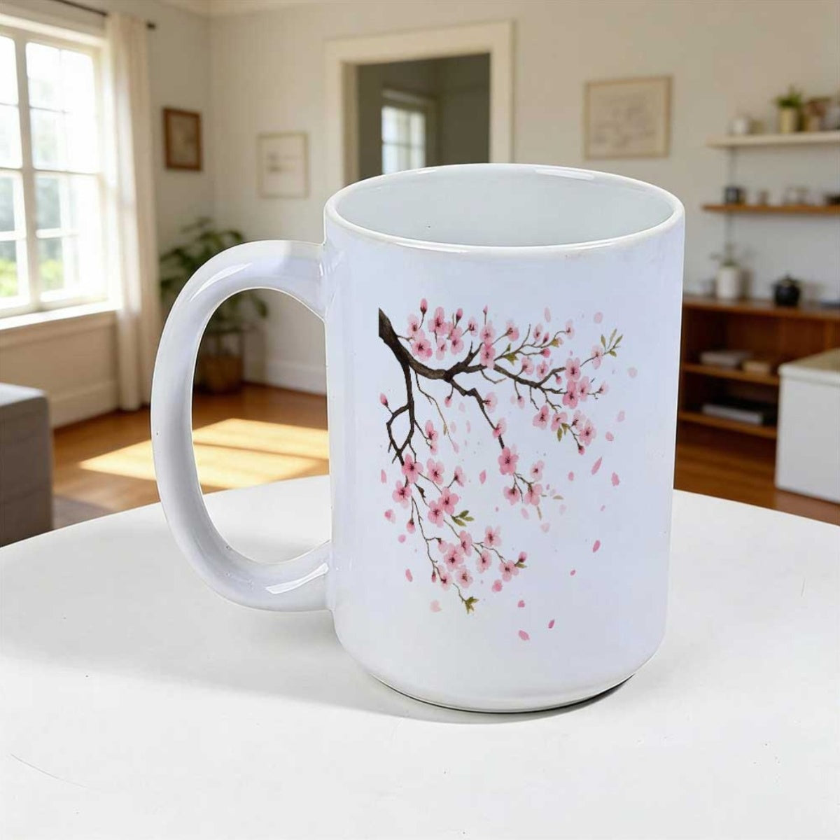 Tailorly White Ceramic 11 oz Mug - Graceful Pink Cherry Blossoms On A Delicate Branch With Falling Petals Sakura