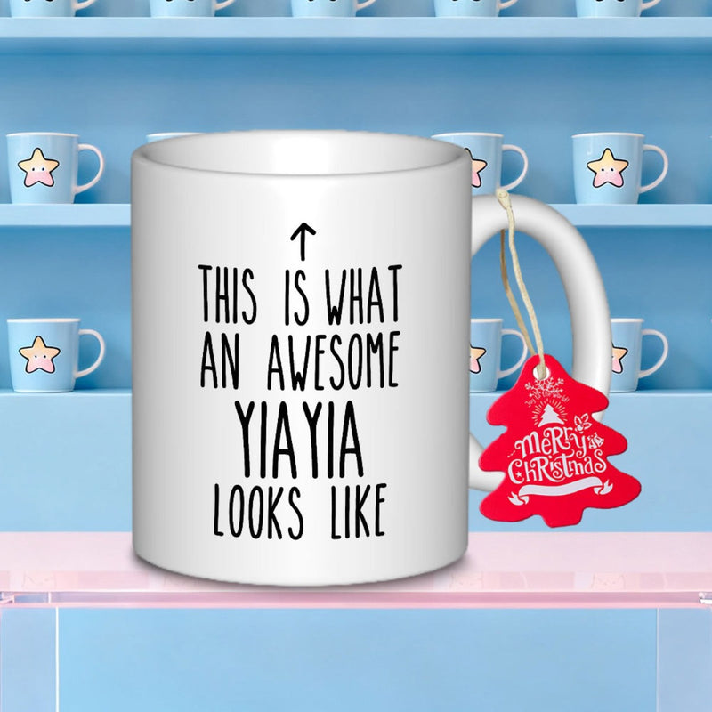 Tailorly White Ceramic 11 oz Mug - This Is What An Awesome Yiayia Looks Like Minimalist Black Lettering On Clean White Surface With Small Upward Arrow Mug