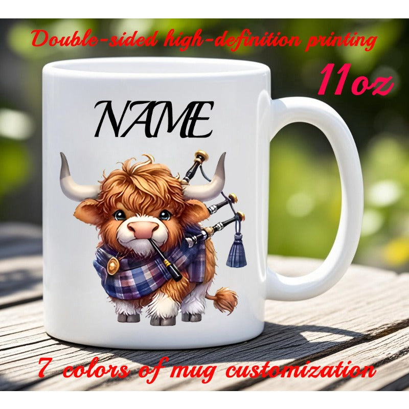Tailorly White Ceramic 11 oz Mug - Name Adorable Highland Animal Wearing Plaid Scarf With Traditional Scottish Bagpipes Cow