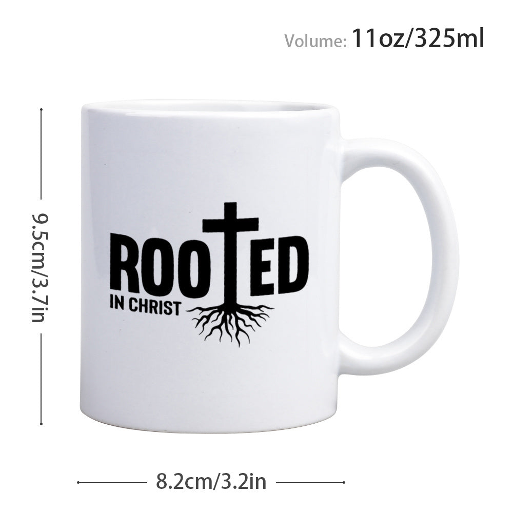 Tailorly White Ceramic 11 oz Mug - Rooted In Christ Minimalist Christian Symbol With Intricate Roots Growing Beneath Bold Typography Cross
