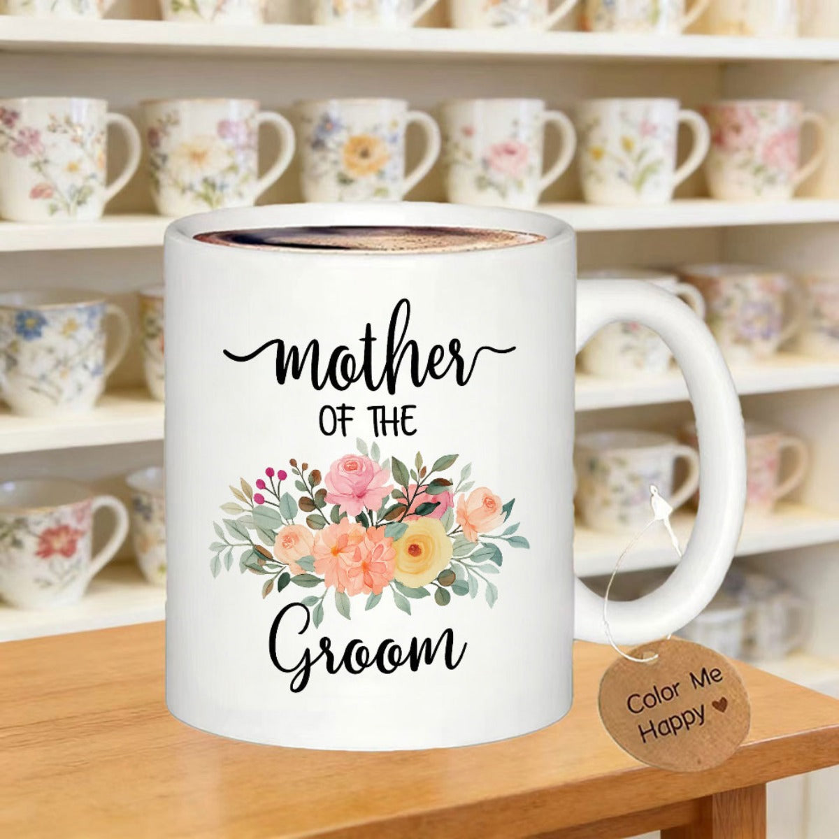 Tailorly White Ceramic 11 oz Mug - Mother Of The Groom Delicate Watercolor Pastel Blossoms Nestled Among Soft Greenery Bouquet