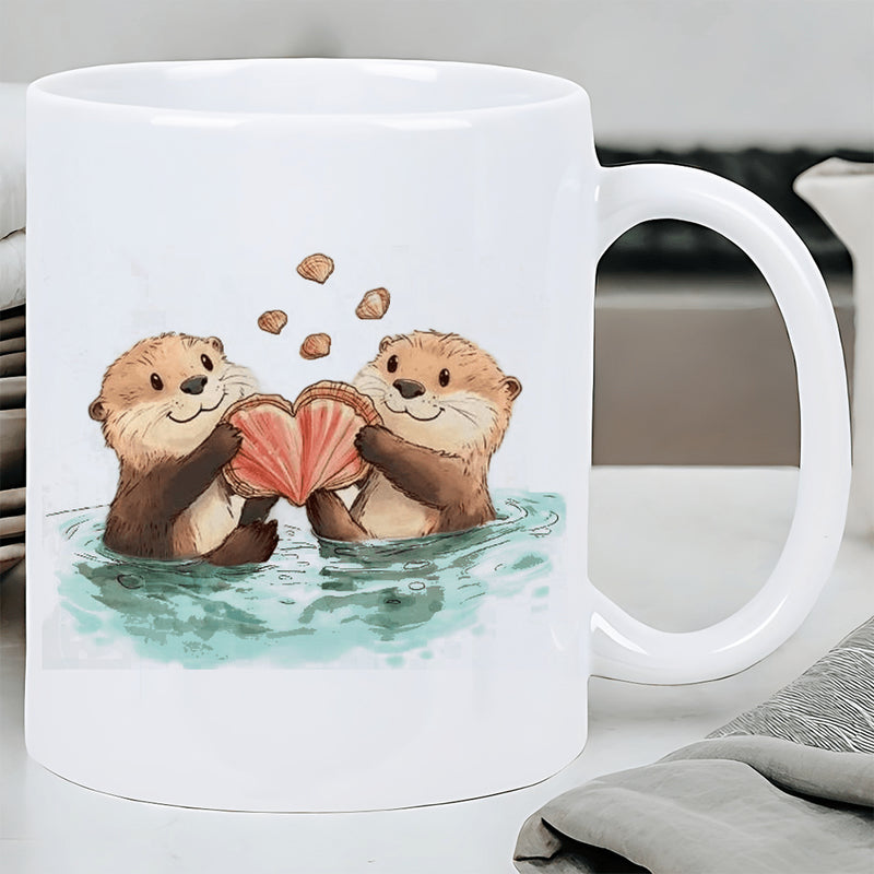 Tailorly White Ceramic 11 oz Mug - Two Cute Adorable Floating Aquatic Creatures Holding Heart Shell In Calm Water Otter
