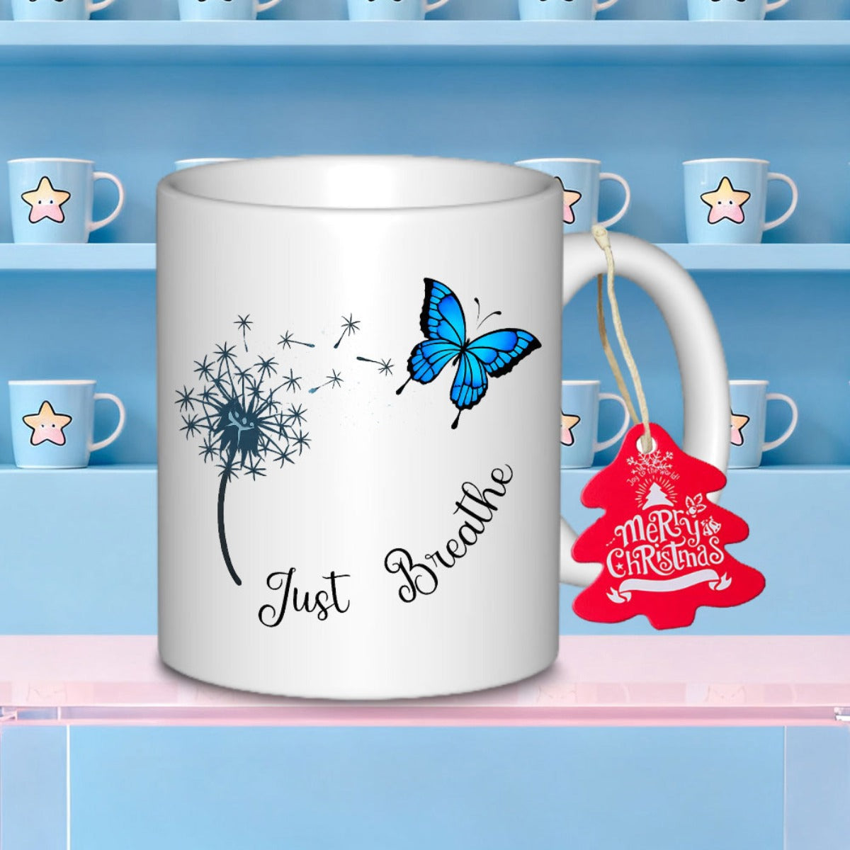 Tailorly White Ceramic 11 oz Mug - Just Breathe Delicate Blowing Dandelion Seeds With A Radiant Blue Flying Butterfly