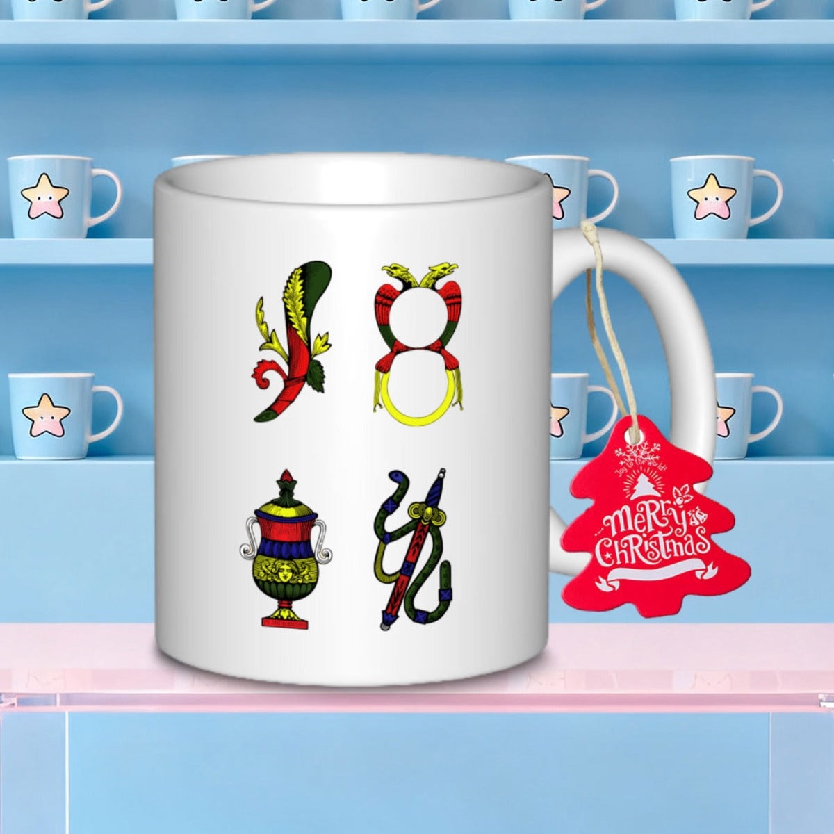Tailorly White Ceramic 11 oz Mug - Colorful Traditional Italian Playing Card Suit Symbols On Ceramic Mug