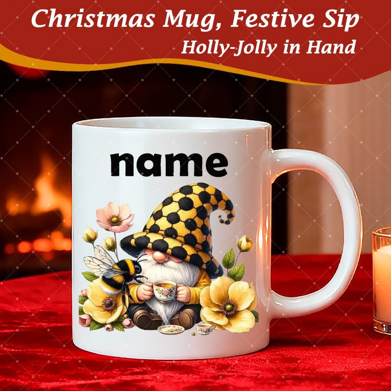 Tailorly White Ceramic 11 oz Mug - Name Gnome Wearing Checkered Hat Among Yellow Flowers And Small Honey Bee Mug