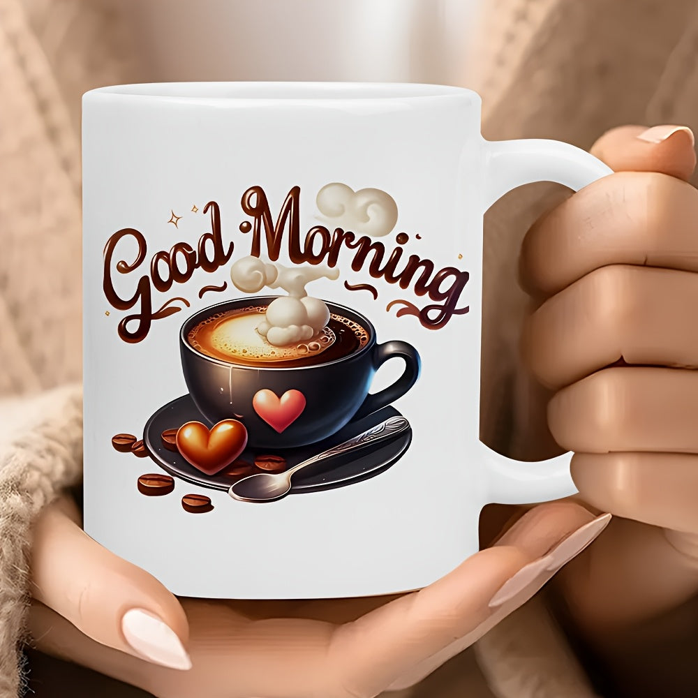 Tailorly White Ceramic 11 oz Mug - Good Morning Steaming Coffee In Saucer Surrounded By Hearts And Beans Cup