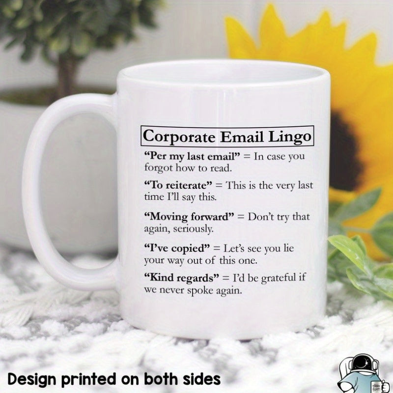 Tailorly White Ceramic 11 oz Mug - Corporate Email Lingo Minimalist Black Typography Featuring Humorous Office Jargon Phrases For Workplace Sign