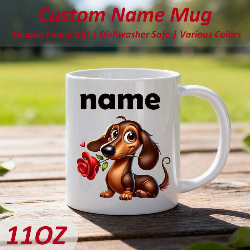 Tailorly White Ceramic 11 oz Mug - Name Adorable Brown Cartoon Sausage Dog Carrying A Single Red Rose Dachshund