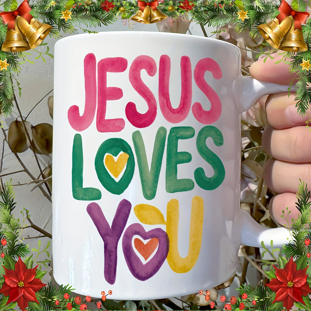Tailorly White Ceramic 11 oz Mug - Jesus Loves You Colorful Artistic Bubble Letters Featuring Vibrant Painted Hearts Mug